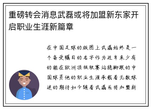 重磅转会消息武磊或将加盟新东家开启职业生涯新篇章