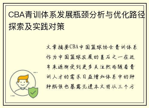 CBA青训体系发展瓶颈分析与优化路径探索及实践对策