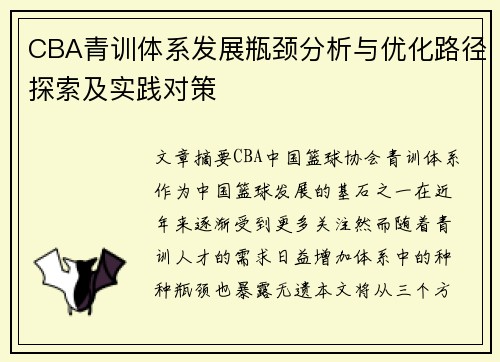 CBA青训体系发展瓶颈分析与优化路径探索及实践对策