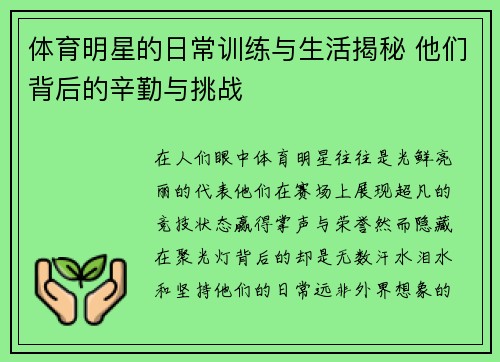 体育明星的日常训练与生活揭秘 他们背后的辛勤与挑战